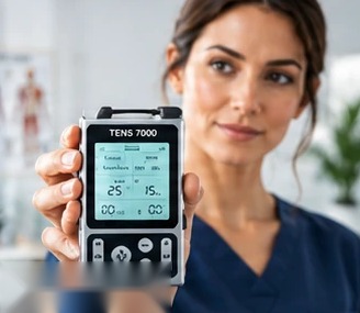 Profesional de la salud mostrando el electroestimulador TENS 7000